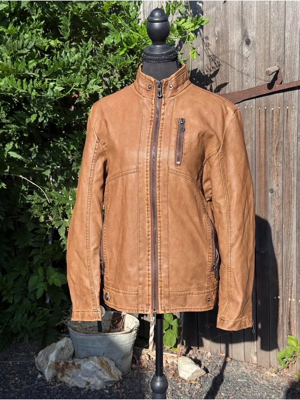 Brown Leather Bomber Jacket - Casual Zip Front